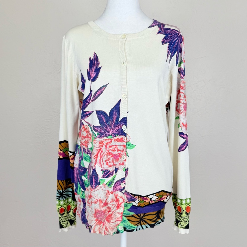 Etro Silk Blend Floral Cardigan Sweater Ivory / Cream & Multicolor Floral M
